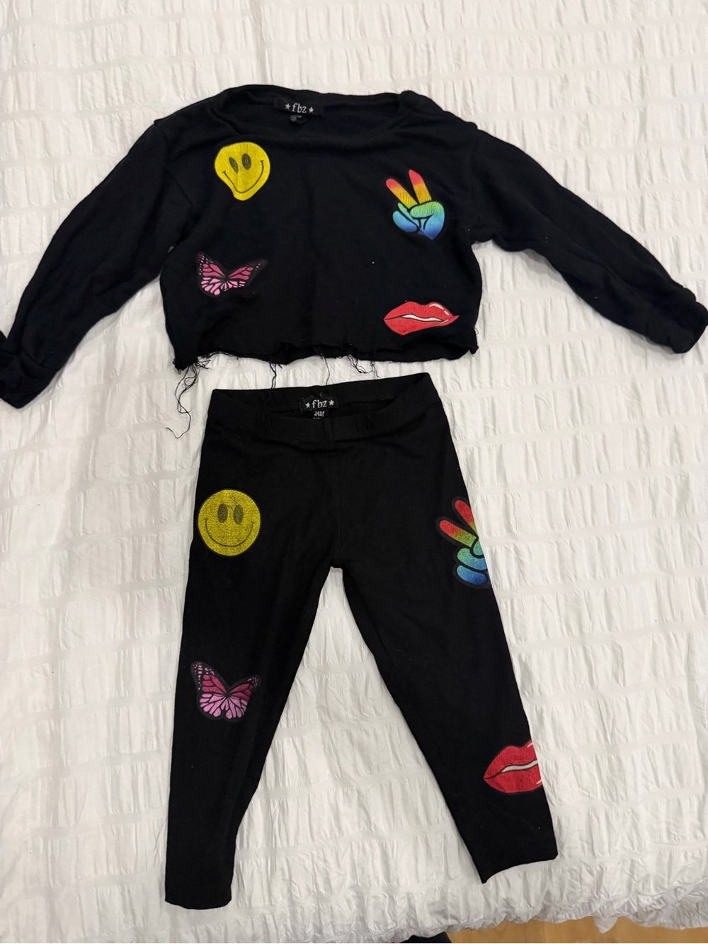 Kids Black Graphic Smile & Peace Crop Top and Leggings Set